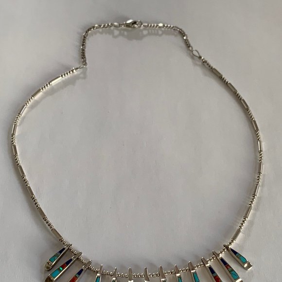 Reversible Silver and Turquoise Inlay Necklace with Fan Design Item #3870 - Picture 9 of 12